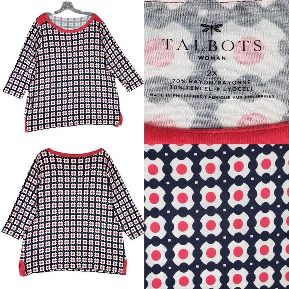 Talbots Shirt Tunic Women's Plus 2X Geometric 3/4 Sleeve Rayon Stretch Knit - Picture 1 of 10